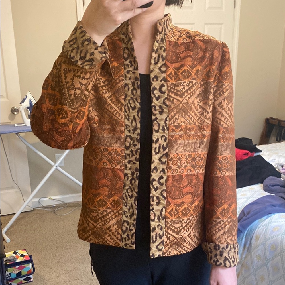Vintage Patterned Jacket with Leopard Trim